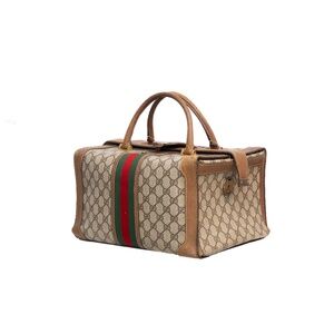 Vintage Gucci GG Plus Web Vanity Train Case Bag with Leather Trim